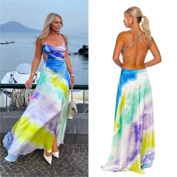 NWT RETROFETE Silk Watercolor Sleeveless Open Back Side Cutout Maxi Slip Gown XS - Picture 5 of 16